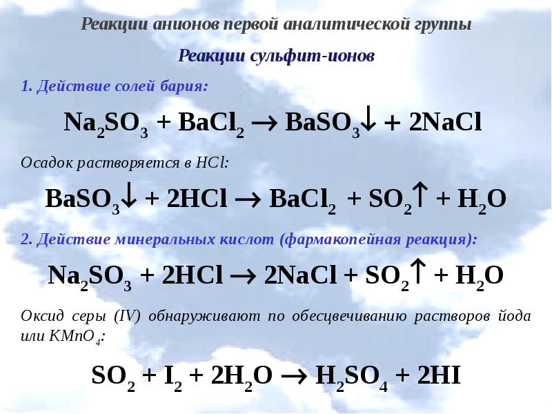 С гидроксидом натрия взаимодействует карбонат бария. Реакции анионов первой группы. Взаимодействие бария с кислотами. Сульфит калия и соляная кислота. Взаимодействие соляной кислоты с солями.