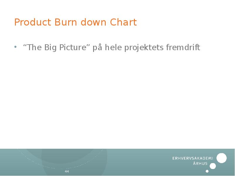 Product Burn down Chart “The Big Picture” på hele projektets fremdrift