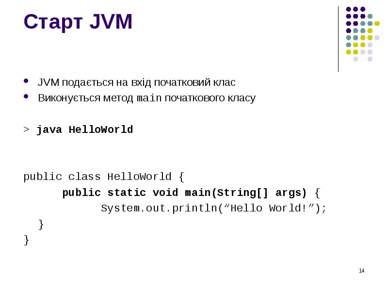 Старт JVM  JVM подається на вхід початковий клас Виконується метод