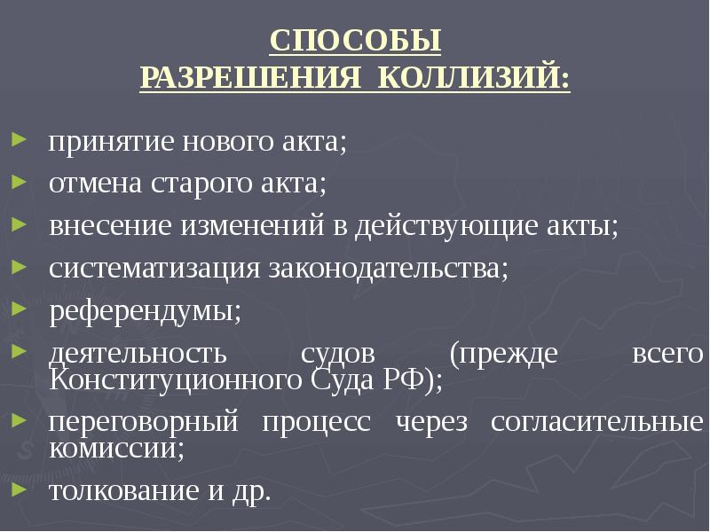 Правовая коллизия. Методы разрешения коллизий. Разрешение коллизий в праве. Коллизии. Методы разрешения коллизий.. Правила разрешения коллизий в праве.