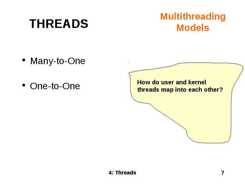 Multithreading Models
Many-to-One
One-to-One Multithreading Models
Many-to-One
One-to-One