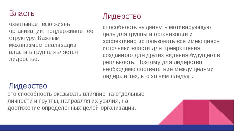 поведение одного лица вносящее изменения в поведение других. власть-способность оказывать влияние. мотивационный барьер. лидерство это способность. способность оказывать влияние на других людей направляя их.
