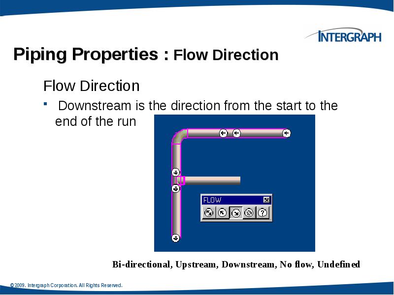 Piping Properties : Flow Direction
Flow Direction
Downstream is the Piping Properties : Flow Direction
Flow Direction
Downstream is the
