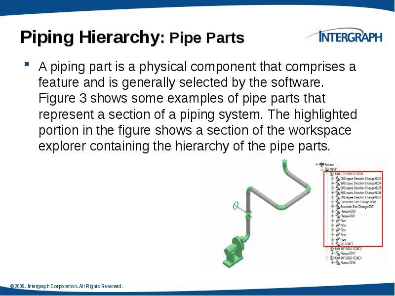 Piping Hierarchy: Pipe Parts
A piping part is a physical component Piping Hierarchy: Pipe Parts
A piping part is a physical component