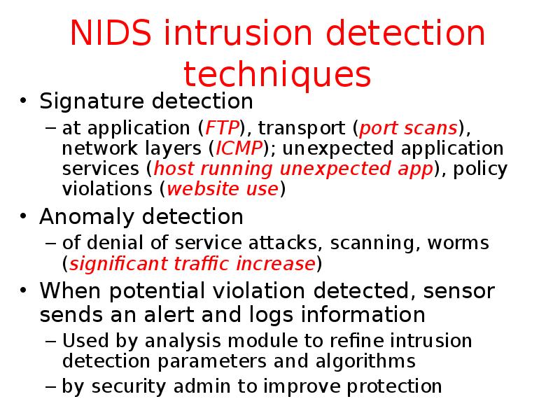 NIDS intrusion detection techniques Signature detection at application (FTP), transport (port