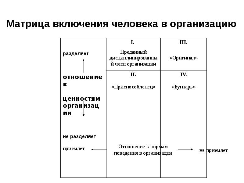 Процесс включения людей в общество. Матрица включения человека в организацию. Матрица типов включения человека в организацию. Матрица поведения человека. Матрица типов поведения личности в организации.