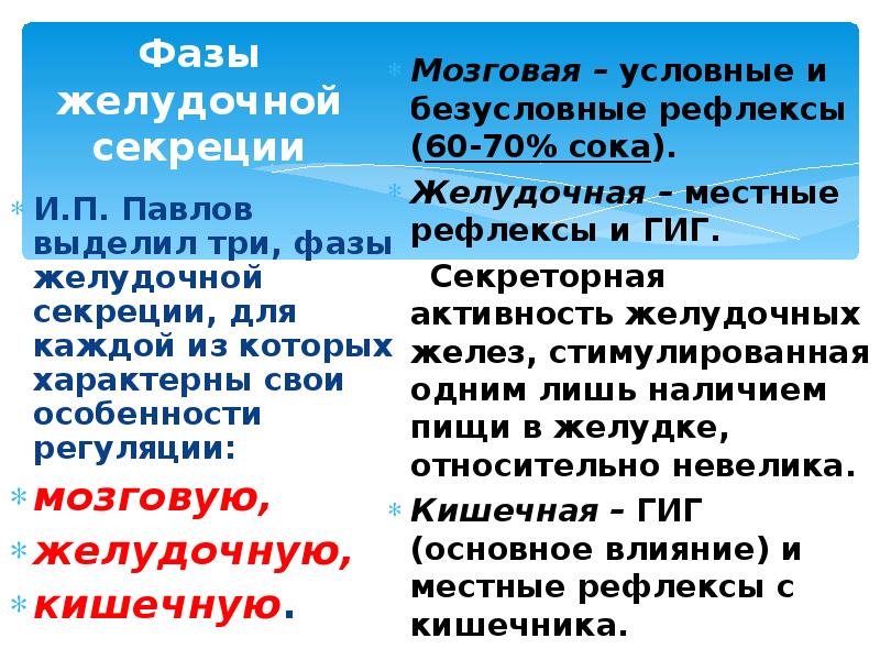 Фазы желудочной секреции И.П. Павлов выделил три, фазы желудочной секреции, для