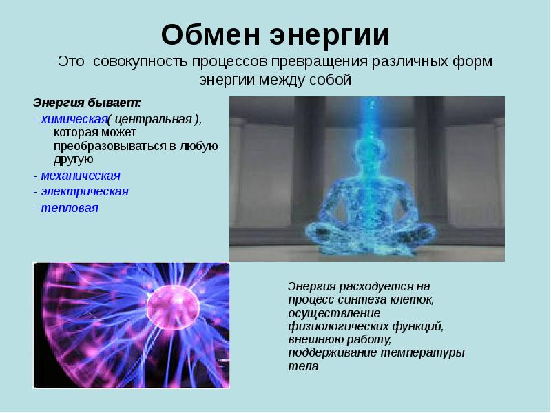 Обмен энергии Это совокупность процессов превращения различных форм энергии между собой