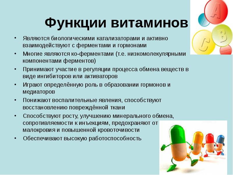Функции витаминов Являются биологическими катализаторами и активно взаимодействуют с ферментами и