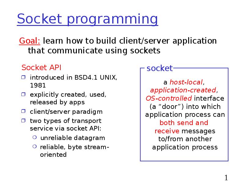 Socket programming
Socket API
introduced in BSD4.1 UNIX, 1981
explicitly created, Socket programming
Socket API
introduced in BSD4.1 UNIX, 1981
explicitly created,