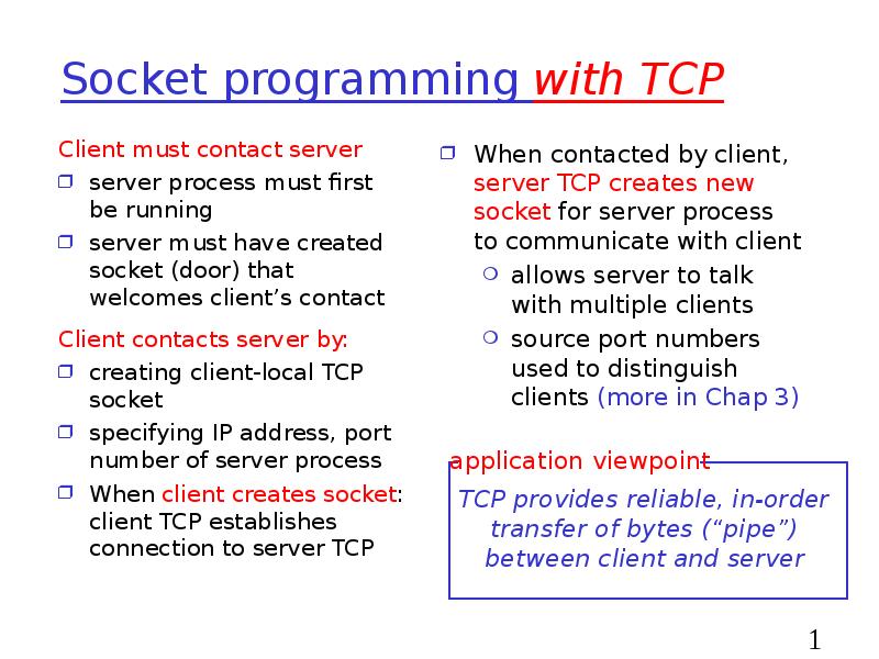 Socket programming with TCP
Client must contact server
server process must Socket programming with TCP
Client must contact server
server process must