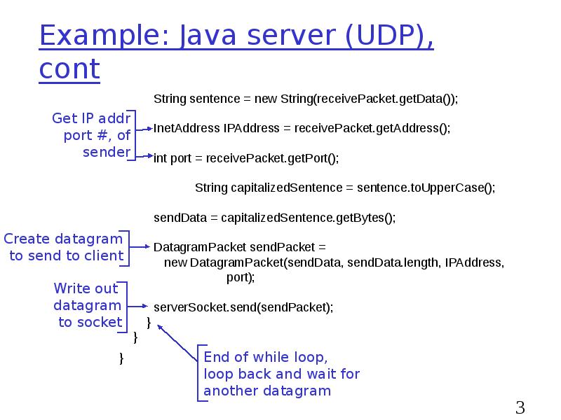 Example: Java server (UDP), cont Example: Java server (UDP), cont
