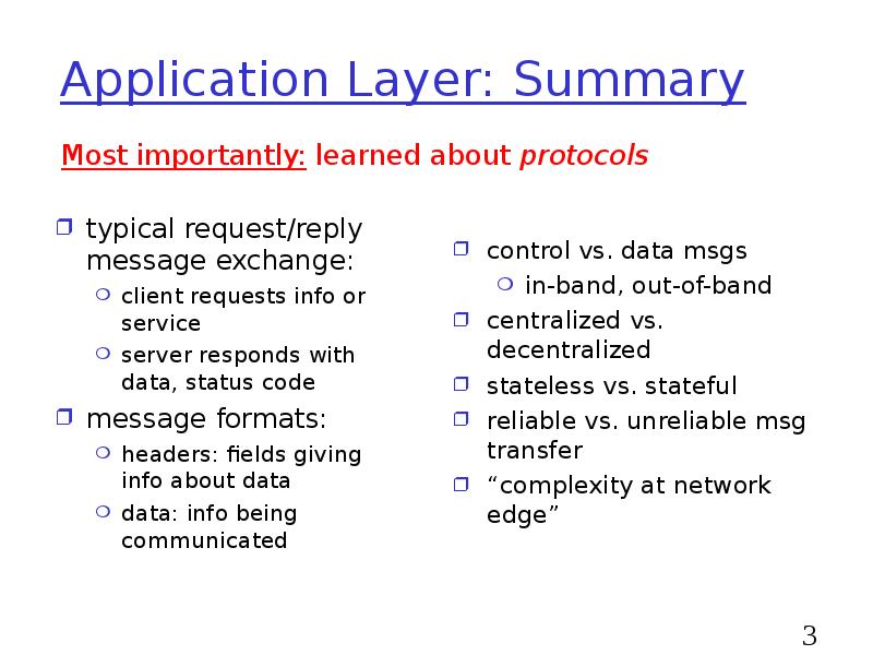 Application Layer: Summary
typical request/reply message exchange:
client requests info or Application Layer: Summary
typical request/reply message exchange:
client requests info or