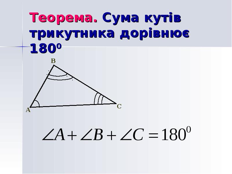 Теорема. Сума кутів трикутника дорівнює 1800