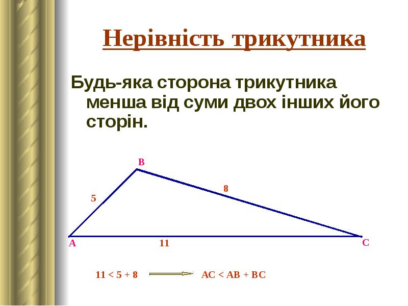 Нерівність трикутника Будь-яка сторона трикутника менша від суми двох інших його