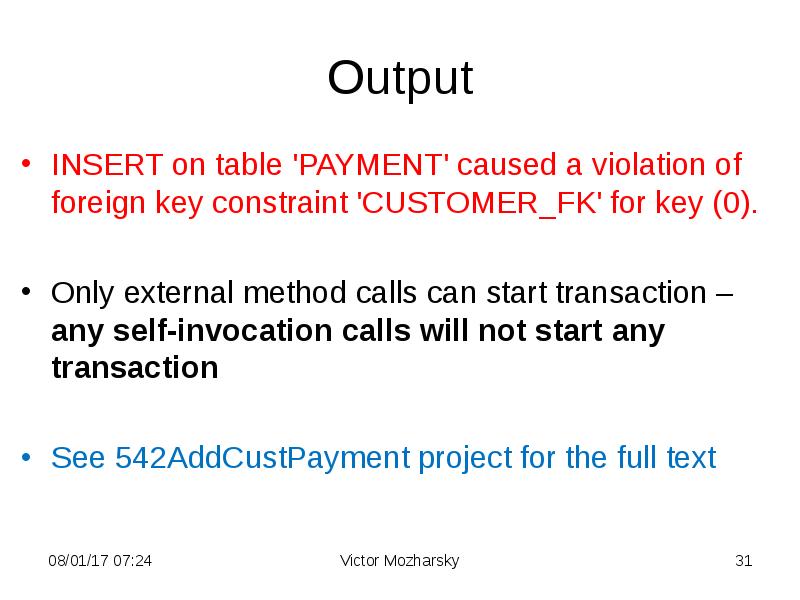 Output INSERT on table 'PAYMENT' caused a violation of foreign key