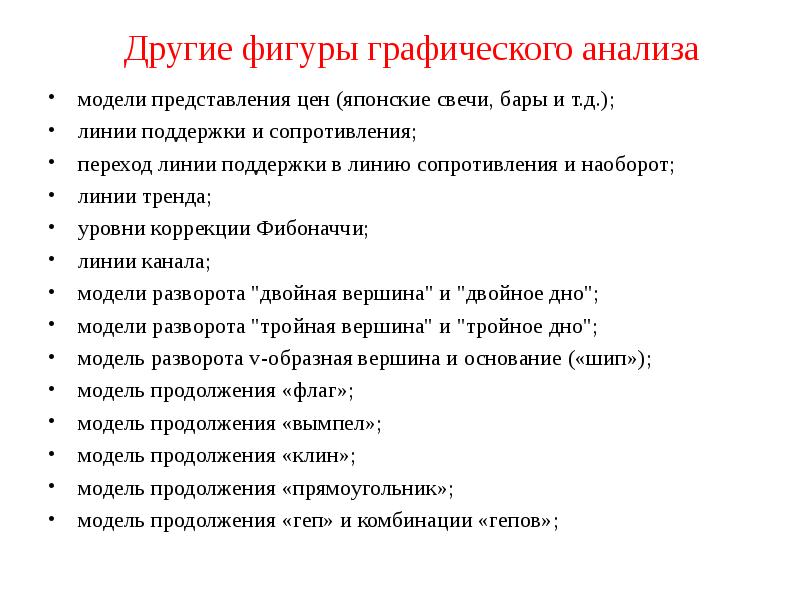 Другие фигуры графического анализа модели представления цен (японские свечи, бары и