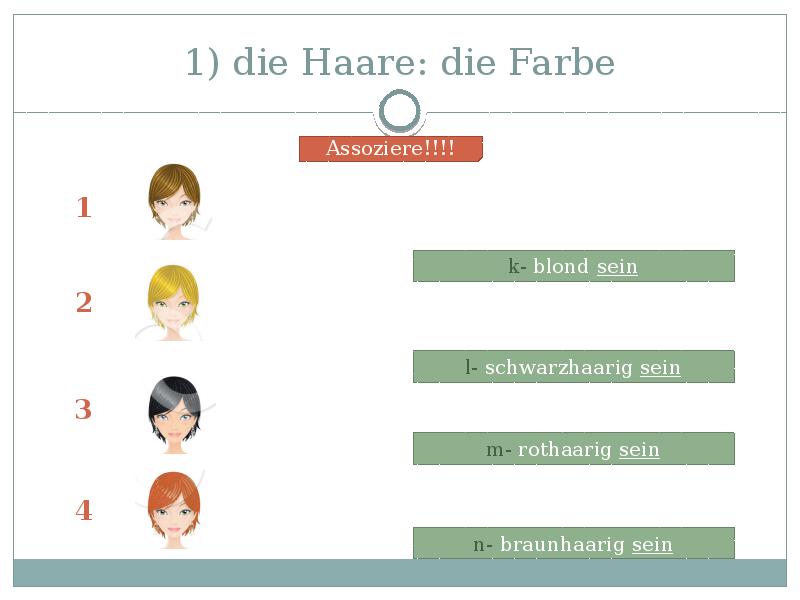 1) die Haare: die Farbe 1) die Haare: die Farbe