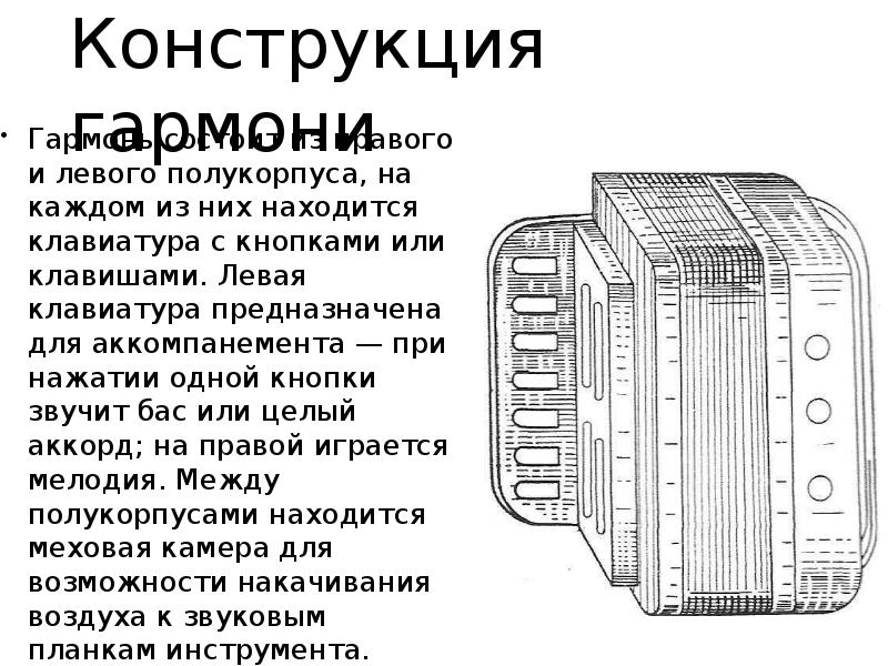 Конструкция гармони
Гармонь состоит из правого и левого полукорпуса, на каждом Конструкция гармони
Гармонь состоит из правого и левого полукорпуса, на каждом