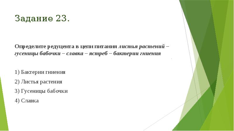 Задание 23.
Определите редуцента в цепи питания листья растений – гусеницы Задание 23.
Определите редуцента в цепи питания листья растений – гусеницы