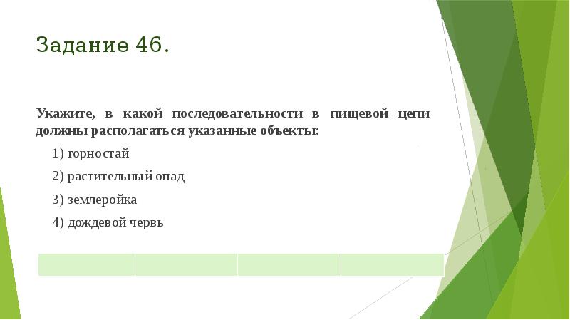 Задание 46.
Укажите, в какой последовательности в пищевой цепи должны располагаться Задание 46.
Укажите, в какой последовательности в пищевой цепи должны располагаться