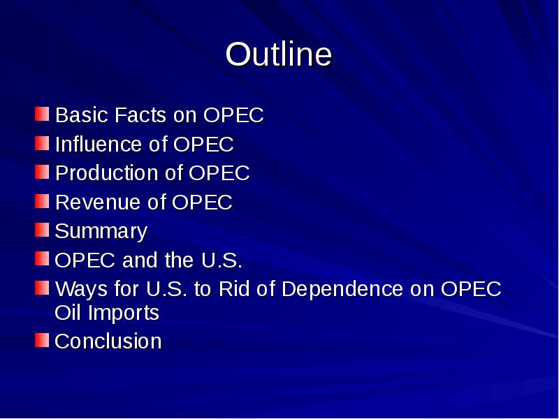 Outline
Basic Facts on OPEC
Influence of OPEC
Production of OPEC
Outline
Basic Facts on OPEC
Influence of OPEC
Production of OPEC