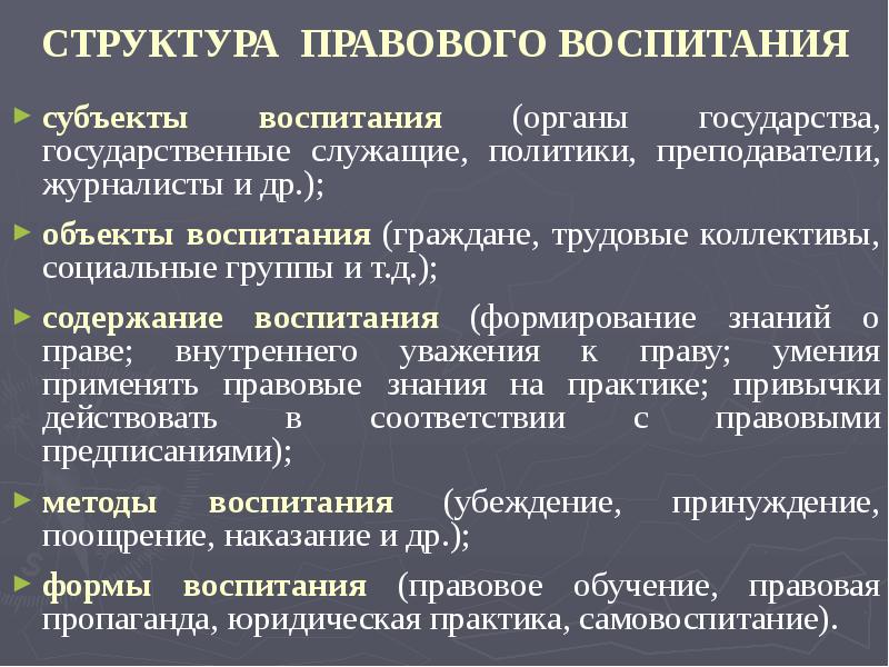 Правовое воспитание в процессе преподавания. Правовое воспитание понятие формы методы. Субъекты правового воспитания. Структура правового воспитания. Субъекты и объекты правового воспитания.