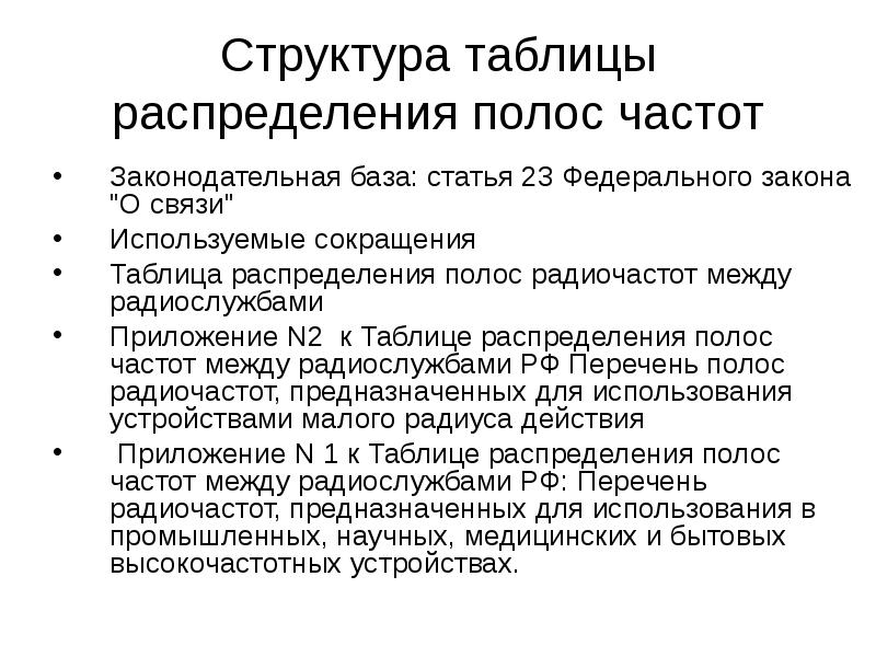 Структура таблицы распределения полос частот
Законодательная база: статья 23 Федерального закона Структура таблицы распределения полос частот
Законодательная база: статья 23 Федерального закона