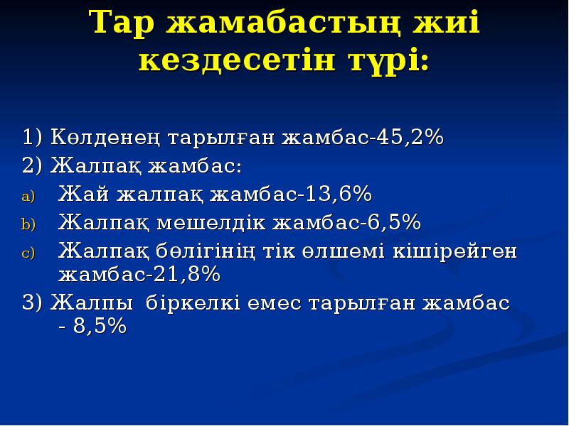 Тар жамабастың жиі кездесетін түрі: 1) Көлденең тарылған жамбас-45,2% 2) Жалпақ