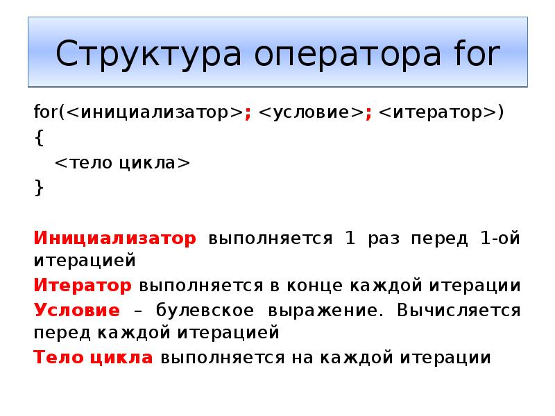 Раз перед. Структура оператора цикла for. Итератор. Опишите структуру оператора for. Операторы итерации.