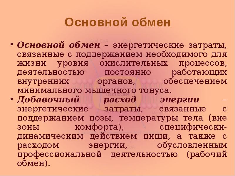 Основной обмен Основной обмен – энергетические затраты, связанные с поддержанием необходимого
