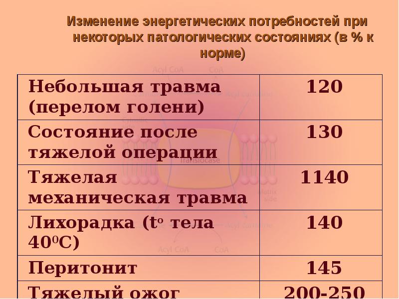 Изменение энергетических потребностей при некоторых патологических состояниях (в % к норме)
