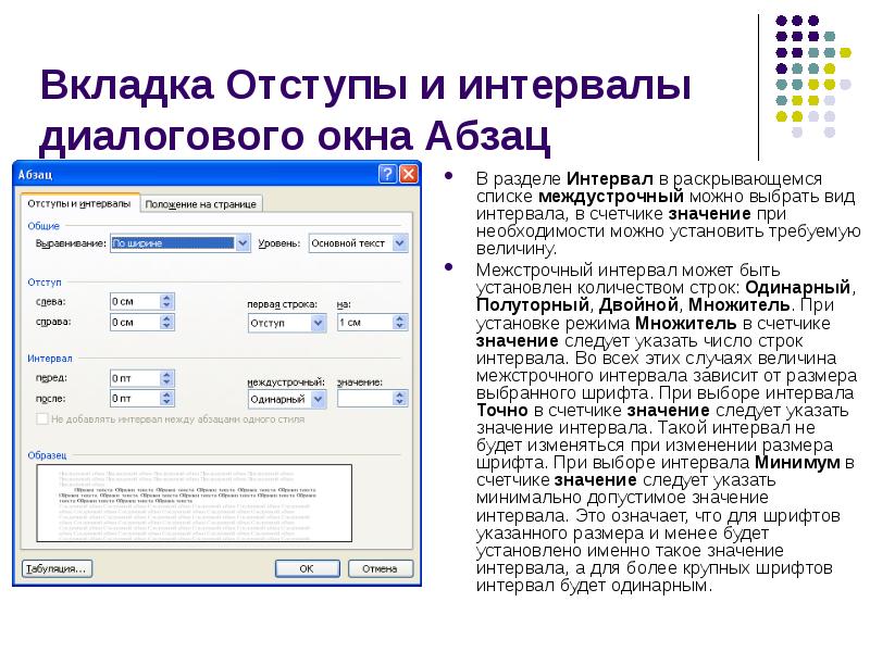 Установить смысл. Вкладка отступы и интервалы. Диалоговое окно Абзац. Междустрочный интервал в диалоговом окне Абзац. Элементы диалогового окна абзаца.