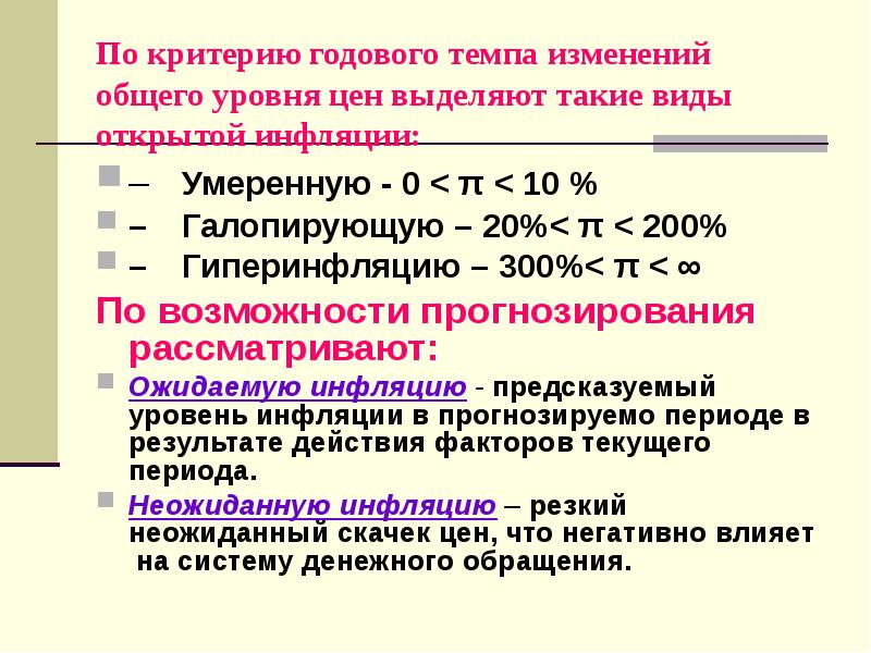 Критерии выделения типов инфляции. Изменение общего уровня цен. критерии гиперинфляции по кейгену. общий уровень цен. ежегодные темпы изменения.