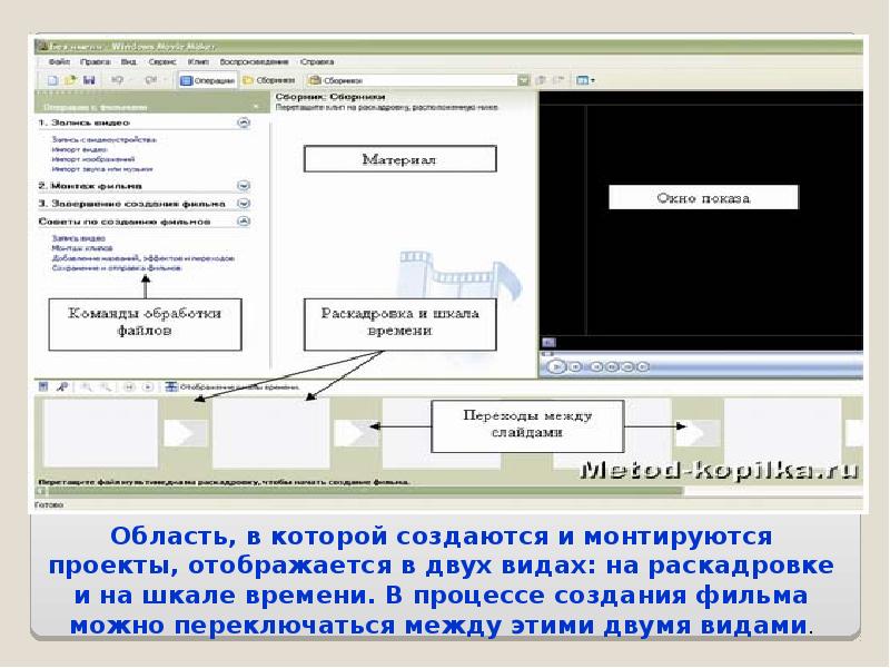 Отображается в виде. Область в которой создаются и монтируются проекты в Windows movie maker,. Как переключаться между слайдами. Создать процедуру в окне создания. Процесс создания фильма сообщение.