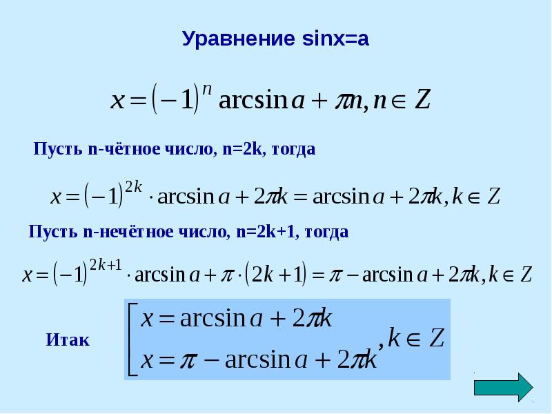 Решить уравнение sinx x π. Решение уравнения синус х равен а. Формула решения уравнения sinx a. Формулы решения уравнения sin x а. Общая формула решения уравнения sinx a.