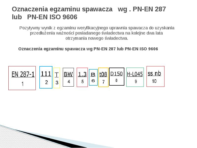 Oznaczenia egzaminu spawacza wg . PN-EN 287 lub Oznaczenia egzaminu spawacza wg . PN-EN 287 lub