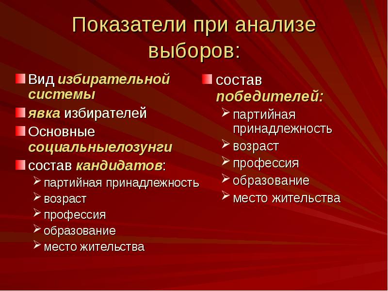 Выберите главные. Какие показатели используются при географическом анализе выборов. Критерии видов выборов. Партийная принадлежность это. Как делать анализ выборов.