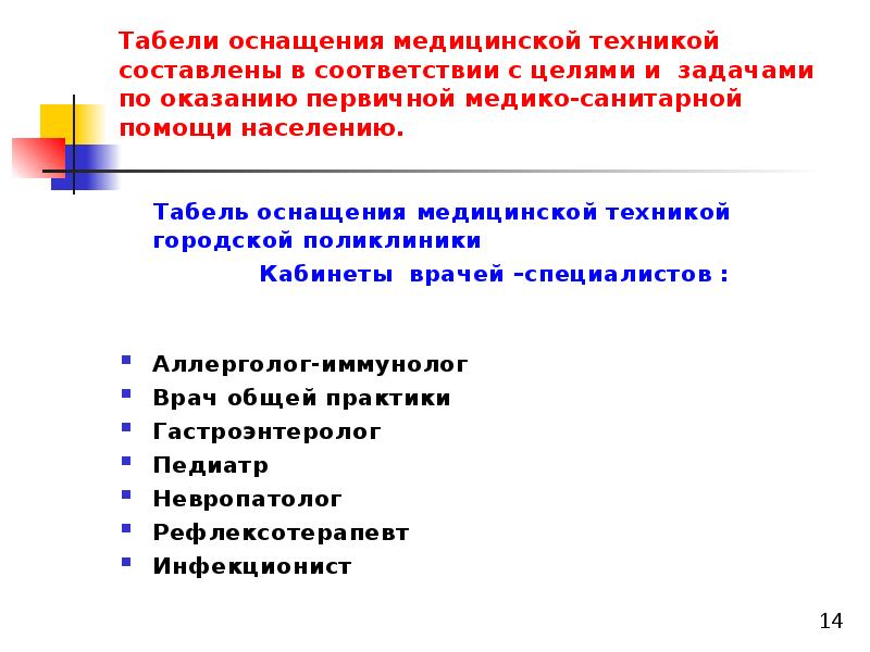 Табель оснащения приемного зала оптики