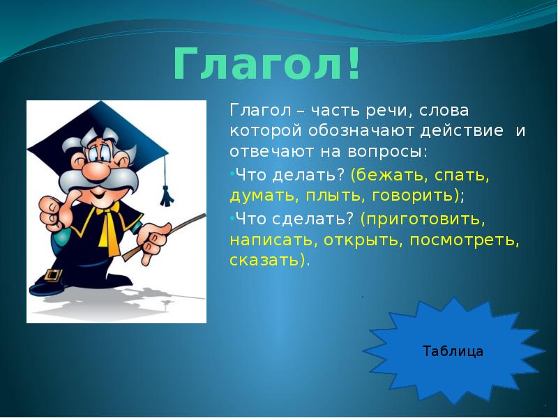 Глагол! Глагол – часть речи, слова которой обозначают действие и отвечают
