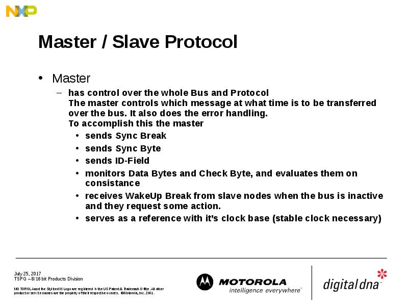 Master / Slave Protocol Master has control over the whole Bus