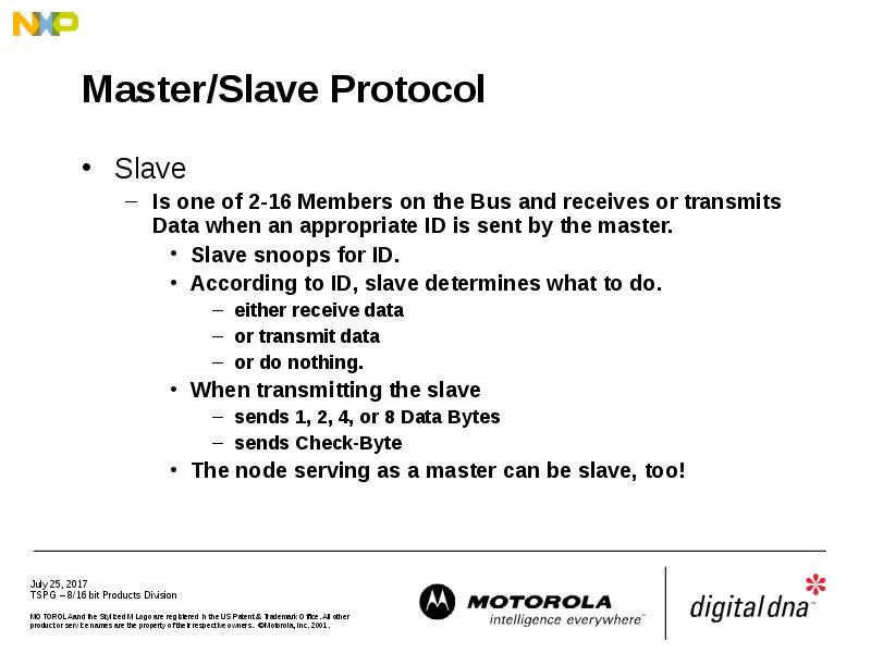 Master/Slave Protocol Slave Is one of 2-16 Members on the Bus