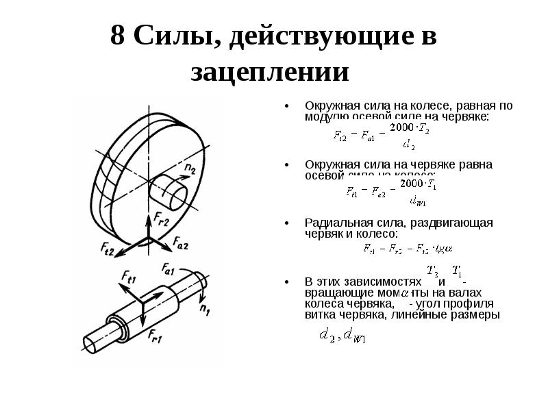 Сила колеса. Силы действующие в зацеплении червячной передачи. Усилия в зацеплении червячной передачи. Окружная радиальная осевая силы. Сила червячной передачи формула.