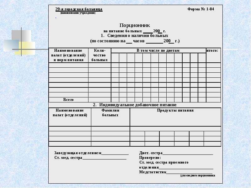 Порционник на питание больных образец заполненный