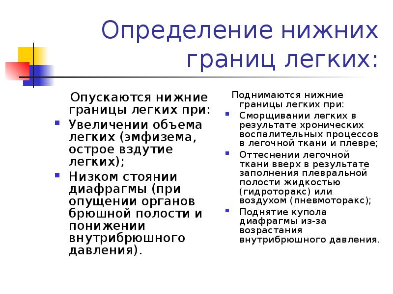 Нижняя граница. Нижняя граница легких опускается при. Нижняя граница легких опущена при:. Определение нижних границ легких. Нижние границы легких при эмфиземе.