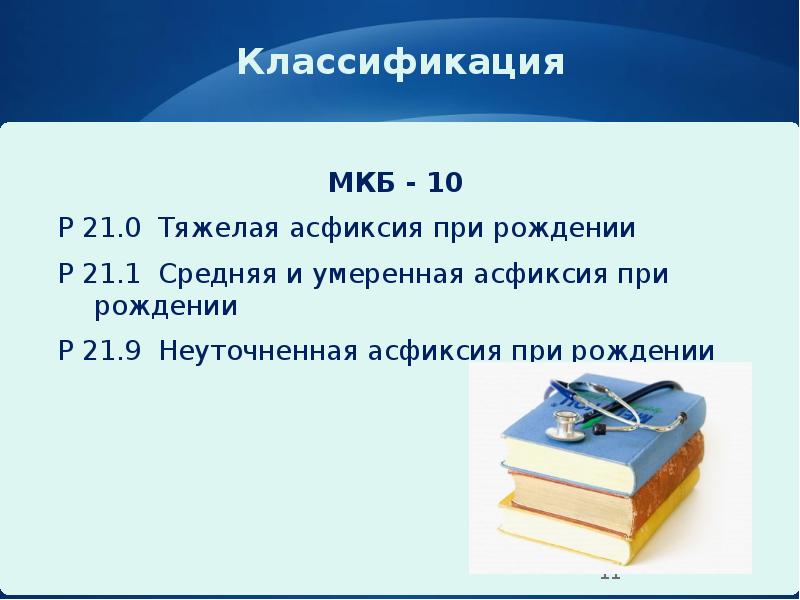 Классификация
МКБ - 10
Р 21.0 Тяжелая асфиксия при Классификация
МКБ - 10
Р 21.0 Тяжелая асфиксия при