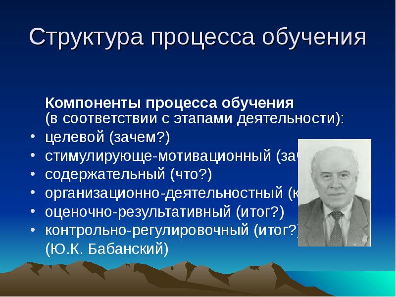 Компоненты обучения. Компоненты процесса обучения. Структура обучения.