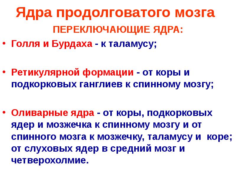 Ядра продолговатого мозга. Ядра Голля и Бурдаха в продолговатом мозге. Переключающиеся ядра продолговатого мозга. Ядро Голля. Оливарные ядра.