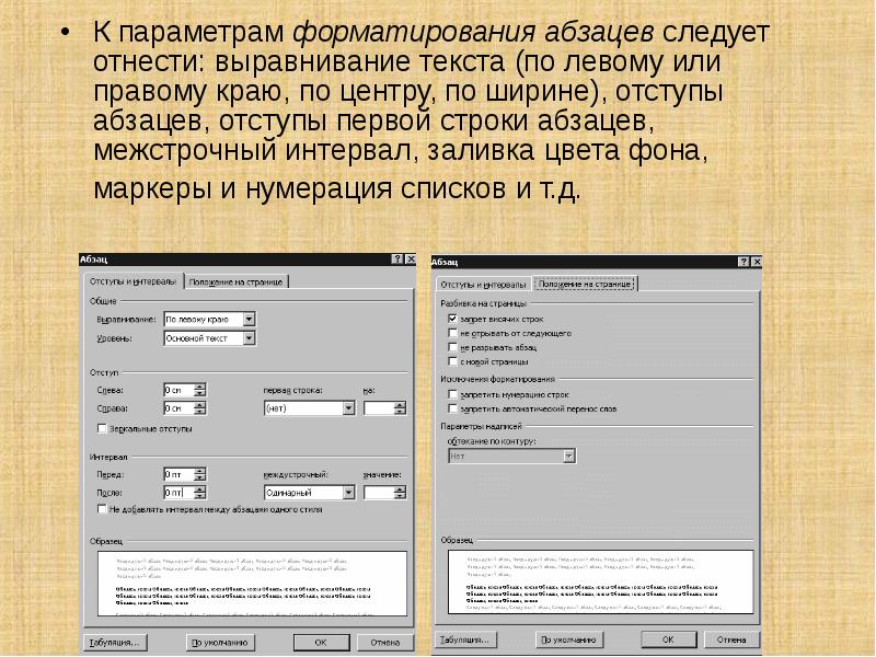 К форматированию параметров абзаца относятся