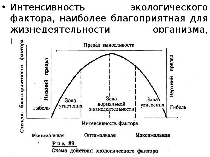 Оптимальной жизнедеятельности организма. Интенсивность экологического фактора. Интенсивность действия экологических факторов. Интенсивность факторов наиболее благоприятная для организма. Схема влияния факторов.